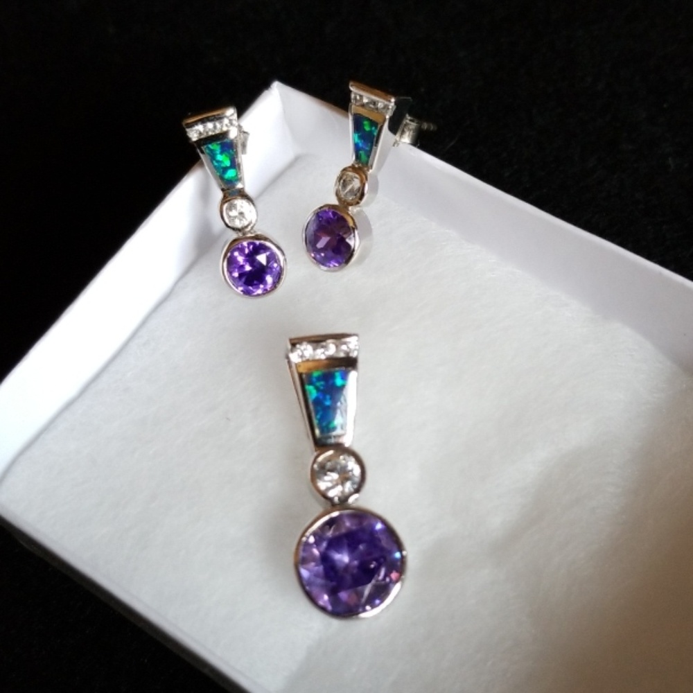 Amethyst, Opal and Quartz Earring and Pendant set